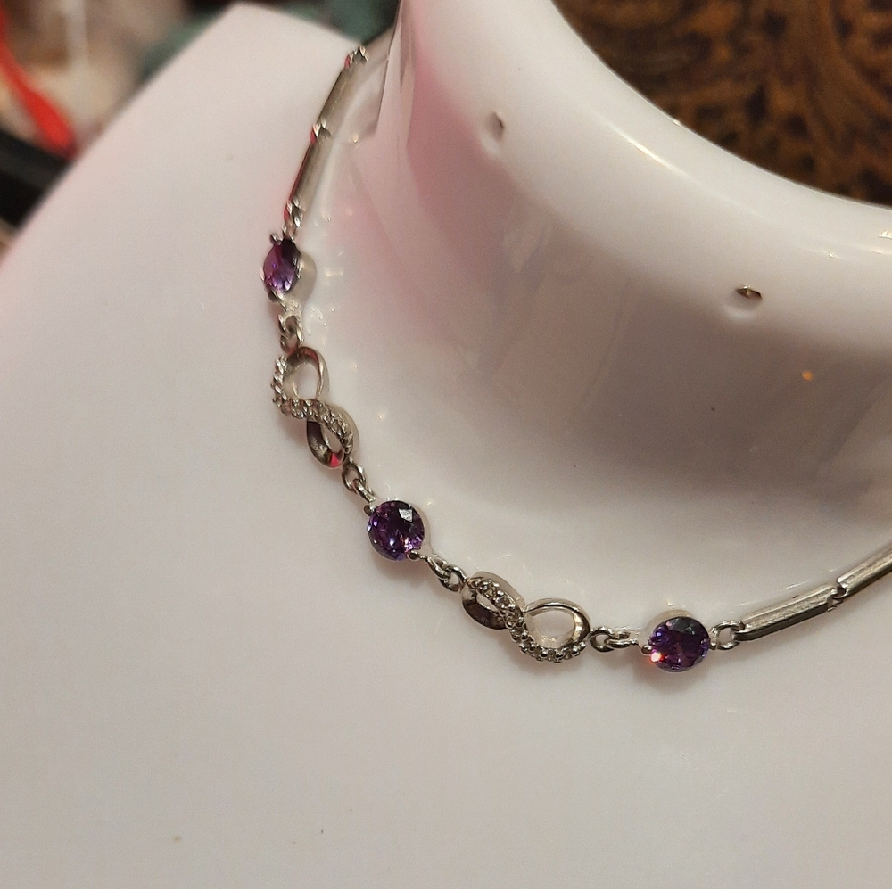 CZ Amethyst February Birthstone Solid Sterling Silver Tennis Bracelet 6.5-7.5"